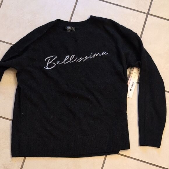 NWT Aqua Cashmere Sweater Bellissima Black Crew Neck Size S - Picture 3 of 11